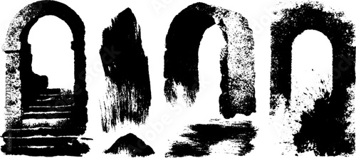 Black ink silhouette set of worn street wall arches and textures for urban art design