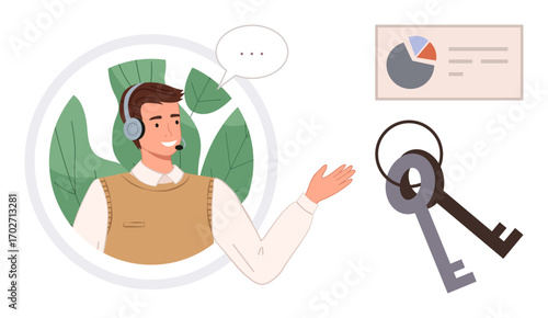 Smiling agent with headset gestures beside data chart and keys, symbolizing communication, analytics, sales, customer service. Ideal for support, consulting, real estate, strategy teamwork modern
