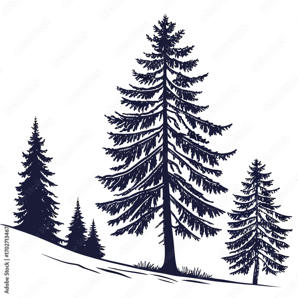 Fototapeta premium A collection of dark blue silhouette evergreen trees stand on a white background evoking a sense of winter or a minimalist forest scene