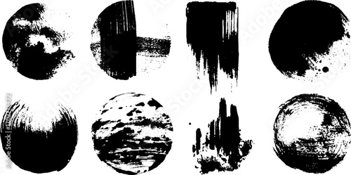 Abstract black ink silhouettes of sun and sky with circular designs for creative art projects