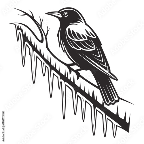 A solitary black bird perched on a snow covered branch adorned with icicles rendered in a striking black and white graphic style