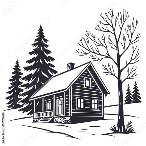 A charming rustic log cabin nestled amongst pine trees and a bare winter tree evoking a sense of peaceful solitude and cozy retreat in a snowy landscape