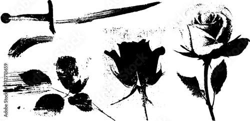 Black ink silhouette set with sword and rose for artistic designs
