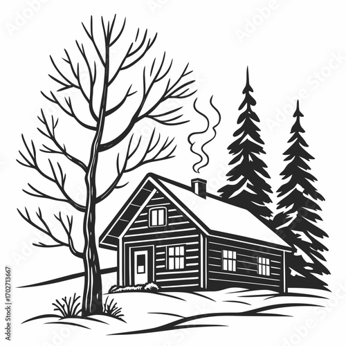 A charming black and white illustration of a cozy log cabin nestled in a winter landscape with bare trees and evergreen pines smoke rising from the chimney