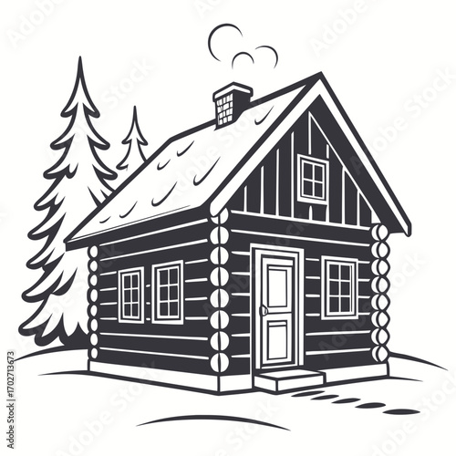 A charming rustic log cabin nestled amongst pine trees with smoke gently rising from its chimney evoking a sense of cozy isolation and winter warmth