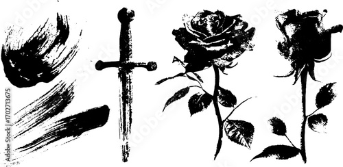 Black ink silhouette set: sword and rose illustration for artistic design