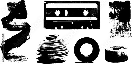 Black ink silhouette set featuring cassette tape and artistic brush strokes