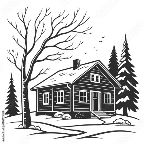 A charming black and white illustration of a rustic log cabin nestled in a snowy landscape with bare trees and evergreen pines under a sky with flying birds
