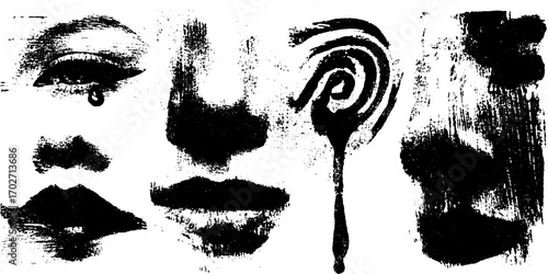 Surreal black ink silhouette art featuring faces and eyes with abstract patterns