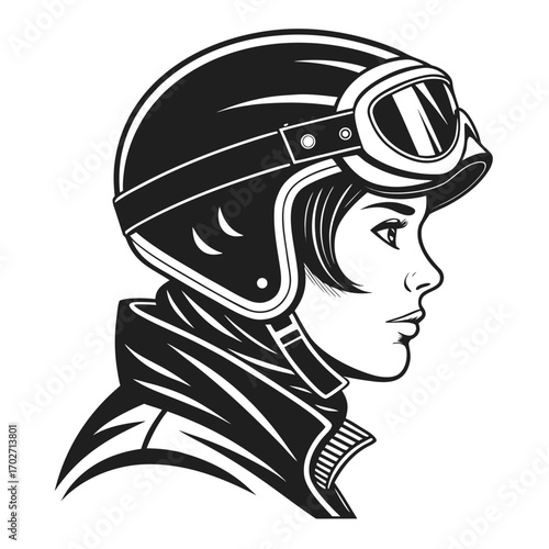 Stylish woman profile wearing a vintage motorcycle helmet and goggles depicted in a bold black and white graphic illustration style conveying a sense of adventure and retro cool