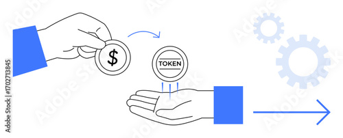 Hand swapping dollar for token, symbolizing transaction or exchange process. Ideal for finance, cryptocurrency, trade, blockchain, investment, fintech process visualization. Simple flat metaphor
