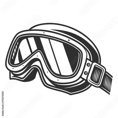 A vintage style black and white illustration of a pair of ski goggles with a wide strap and reflective lenses isolated on a white background