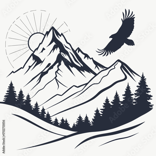 Majestic mountain range silhouette with a soaring eagle against a stylized sun and pine forest foreground evoking adventure and wilderness
