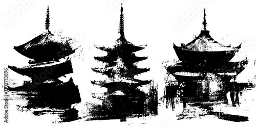 Black ink silhouette of temples with dome and crosses