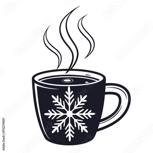 Cozy winter mug with a snowflake design and steaming hot beverage perfect for cold weather enjoyment and festive holiday celebrations
