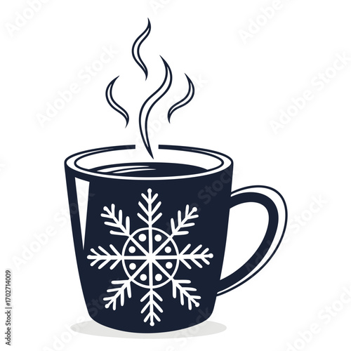 A dark blue mug with a white snowflake design and steam rising from the hot beverage inside perfect for winter