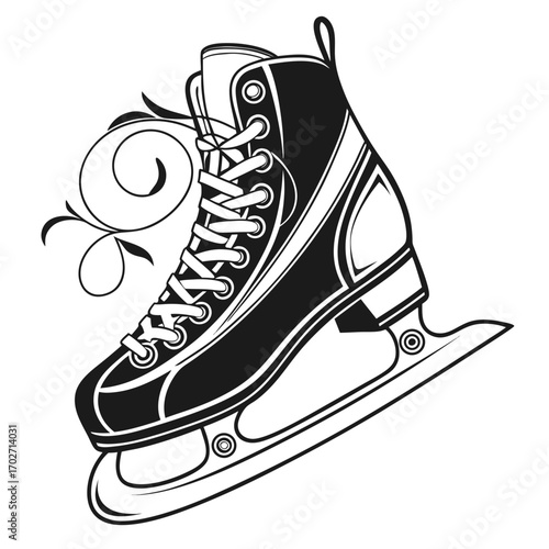 Elegant black and white illustration of a single ice skate with decorative swirling vines perfect for winter sports and design projects