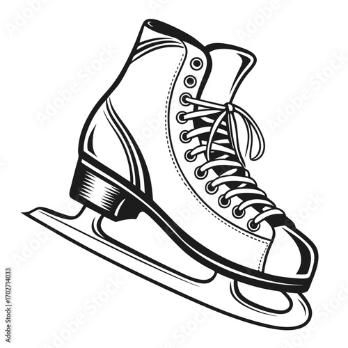 A classic black and white illustration of a single ice skate with laces tied ready for winter sports and figure skating on the ice