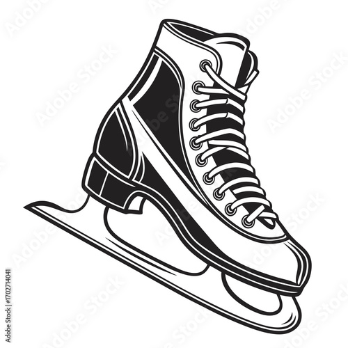 A classic black and white illustration of a single ice skate with laces and a sharp blade isolated on a white background perfect for winter sports themes