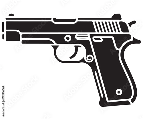 Black pistol silhouette isolated on white, firearm and weapon vector illustration