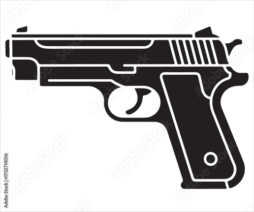 Black silhouette of pistol handgun isolated on white background, vector illustration symbolizing firearm, weapon, security, defense, protection, military, police, shooting, crime, and tactical equipme