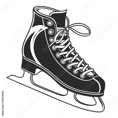 A classic black and white illustration of a single ice skate with laces tied ready for winter sports and ice skating activities