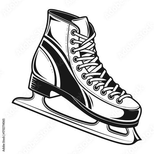 A detailed black and white illustration of a single ice skate with laces and a sharp blade presented on a clean white background perfect for sports and winter themes