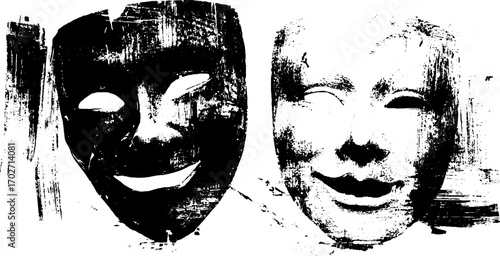 Black ink silhouette of theatre tragedy and comedy masks with grunge texture