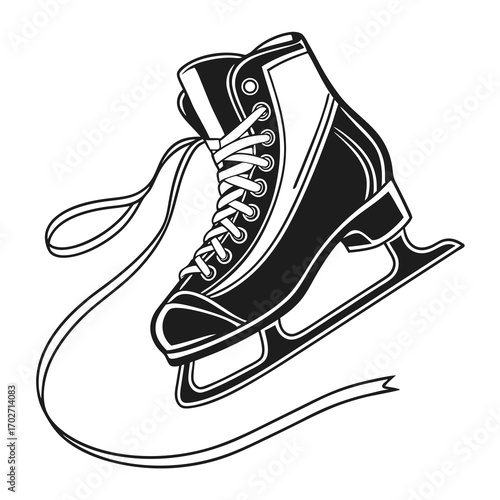 A classic black and white illustration of a figure skate with its laces artfully arranged evoking winter sports and elegance