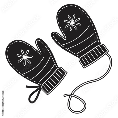 A pair of black mittens with white snowflake designs and stitched details connected by a string perfect for winter and cold weather protection