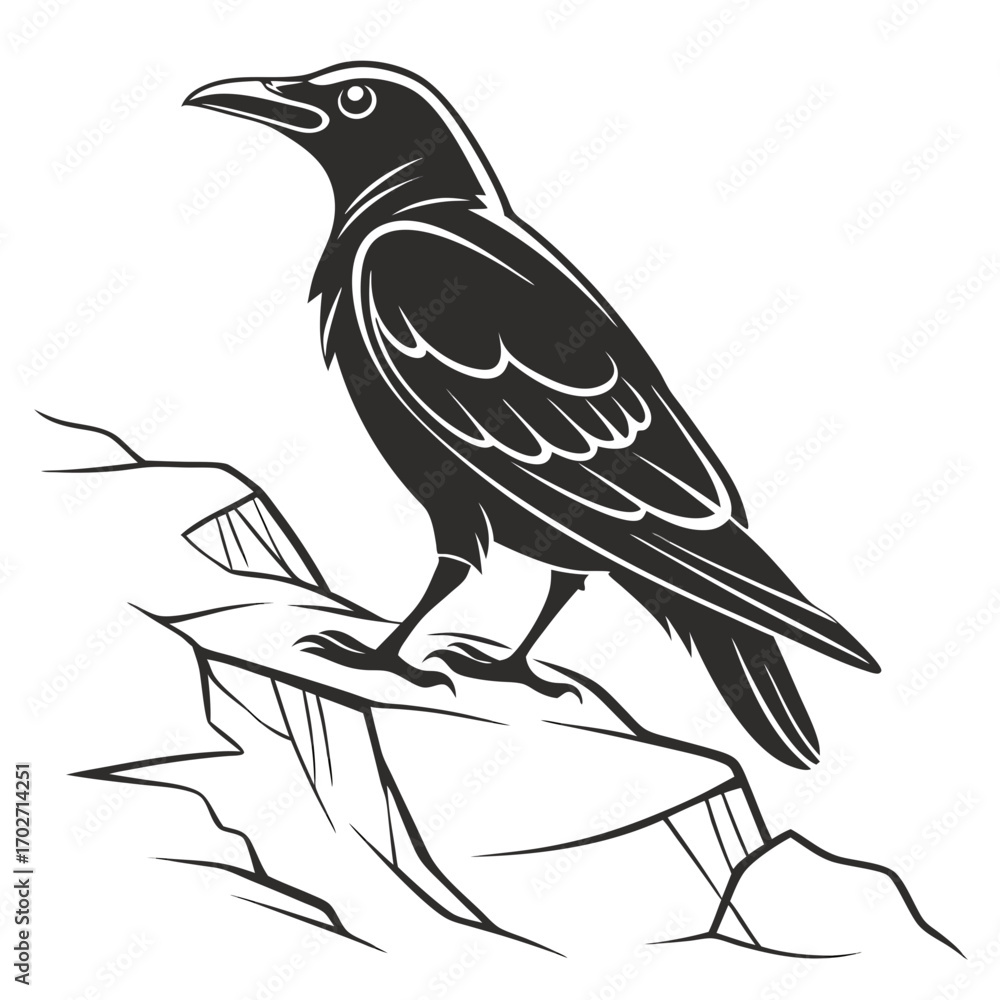 Fototapeta premium A stylized black silhouette of a raven perched on a rock formation depicted with clean lines and white accents on its feathers and eye