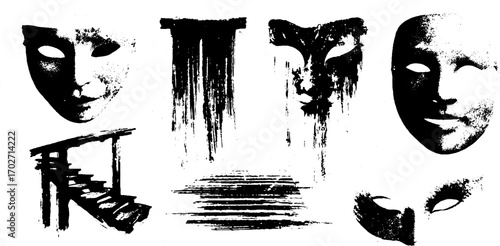Black ink silhouette set featuring theater masks and curtains for artistic design