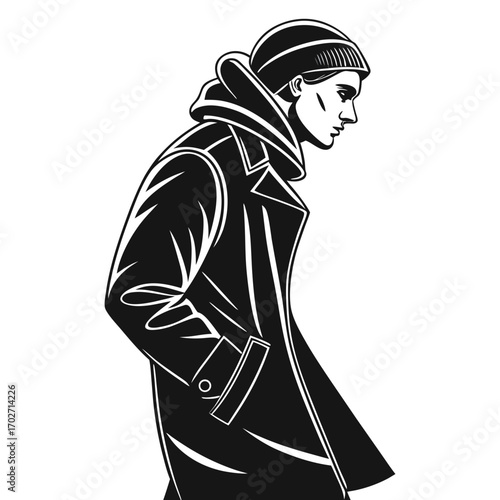 Stylish man in a beanie and trench coat with a hood depicted in a bold black and white graphic illustration conveying a sense of urban fashion and cool