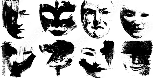 Black ink silhouette of theatrical masks with grunge texture for artistic design