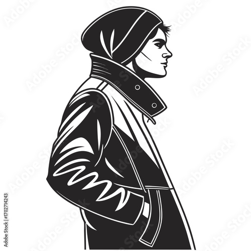 Stylish man in a hooded jacket and beanie depicted in a bold black and white graphic illustration profile view conveying a modern and cool aesthetic