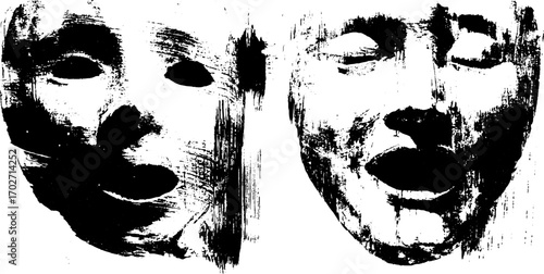 Black ink silhouette of theatrical masks expressing emotion for art and design