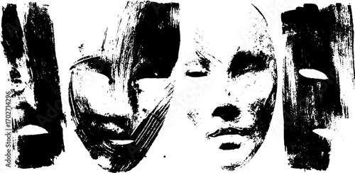 Dramatic black ink silhouette of theatrical masks for creative design
