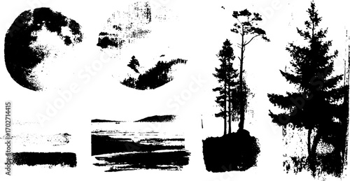 Black ink silhouette collection with natural scenes and torn paper textures for creative design