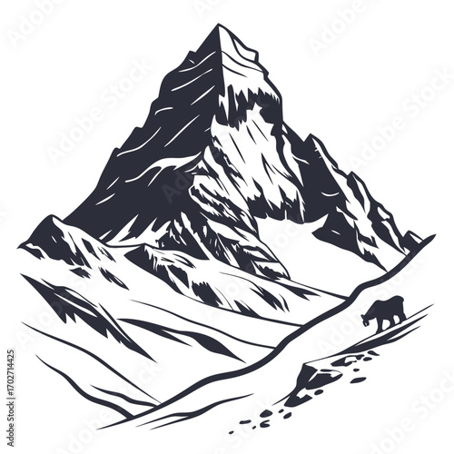 Majestic mountain range with a lone goat silhouetted against the dramatic peaks and snowy slopes in a striking black and white illustration