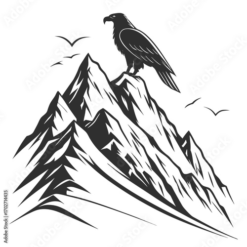 Majestic eagle perched atop a rugged mountain peak surveying the vast landscape with birds soaring in the sky above