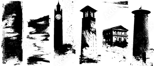 Urban silhouette of iconic towers and skyscrapers in black ink for design projects