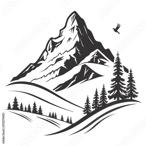 Majestic mountain range silhouette with evergreen trees and a soaring bird against a clean white background evoking nature and adventure
