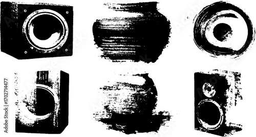 Grunge aesthetic trap house silhouettes with loudspeakers and abstract ink elements