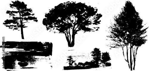 Black ink silhouette set of pine trees for creative urban design