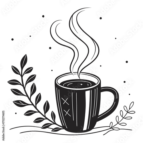 A charming black and white illustration of a steaming mug of coffee or tea adorned with stylized leaves and scattered dots evoking a cozy comforting atmosphere