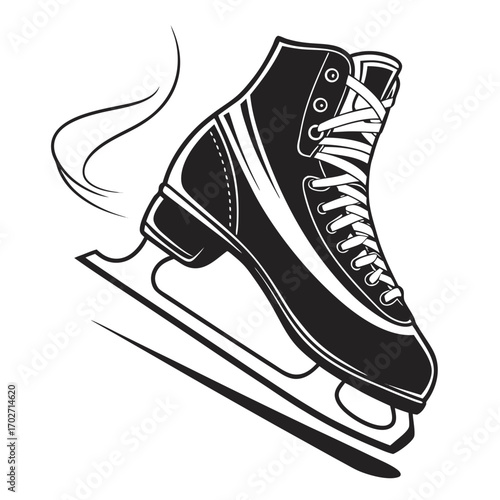 A stylized black and white illustration of a figure skate in motion with elegant lines and a sense of speed and grace on the ice