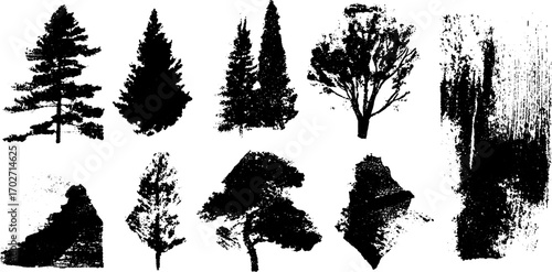 Black ink silhouette set of various trees including pine and oak for nature design