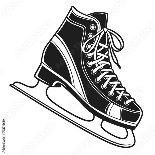A classic black and white illustration of a single ice skate with laces tied ready for winter sports on the ice