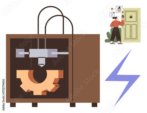 Industrial 3D printer creating a gear, person interacting with digital lock system, blue energy bolt. Ideal for innovation, technology, security, creativity, manufacturing progress energy. Simple