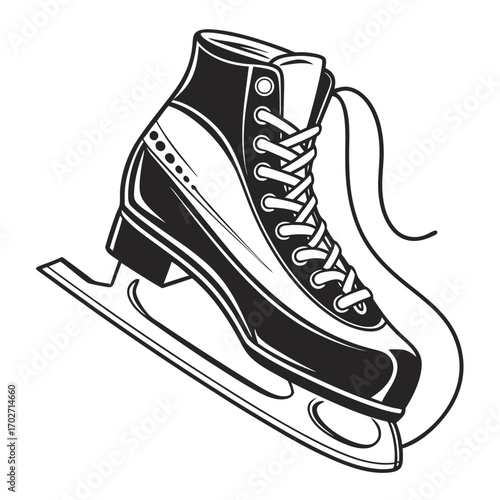 A black and white illustration of a single figure skate with laces tied and blade attached presented on a white background